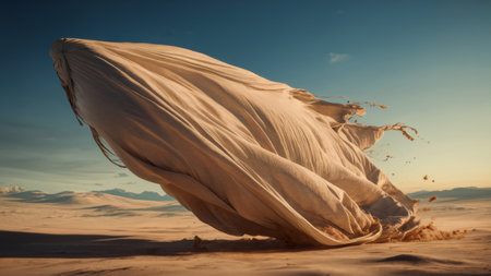 A large white object covered in a cloth is on the sand, AIの素材