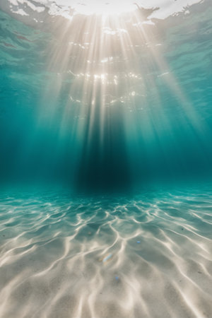 A view of the sun shining through water and sand, AIの素材