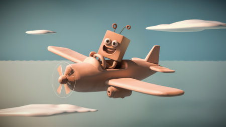 A cartoon plane with a robot on it flying through the clouds, AIの素材