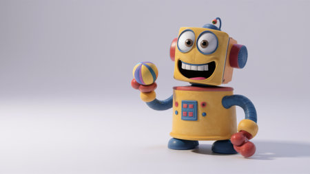 A toy robot holding a ball and smiling with his hand, AIの素材