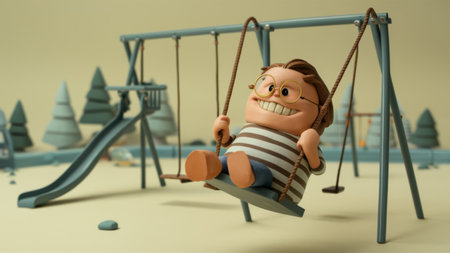 A cartoon of a man in glasses on the swing set, AIの素材