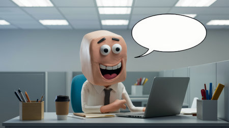 A cartoon character sitting at a desk with an empty speech bubble, AIの素材