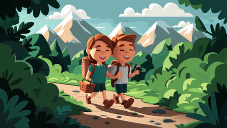 A cartoon illustration of a couple hiking in the woods, AIの素材
