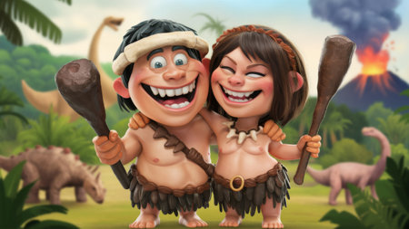 Two cartoon characters holding wooden paddles and smiling, AIの素材