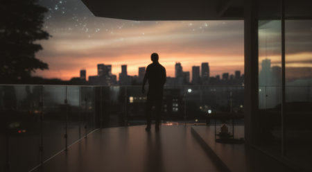 A man standing on a balcony looking at the city lights, AIの素材