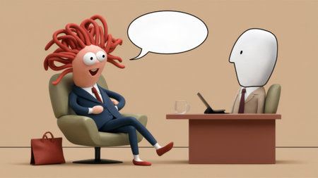 A cartoon character sitting in a chair with an open mouth and speech bubble, AIの素材