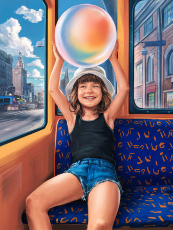 A girl sitting on a bus holding up an oversized ball, AIの素材