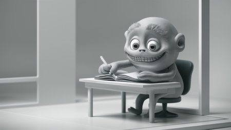 A small toy sitting at a desk writing something, AIの素材