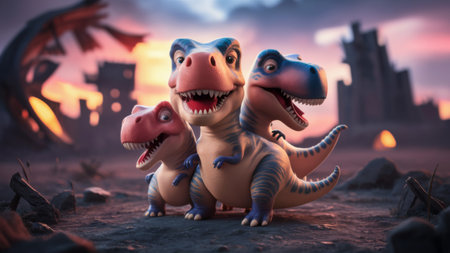animated dinosaurs are standing next to each other, AIの素材
