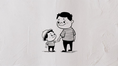 A drawing of a man and boy holding hands on the wall, AIの素材