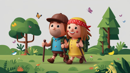 A cartoon couple with hiking gear walking through a forest, AIの素材
