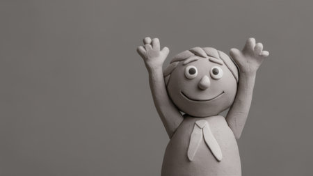 A clay statue of a child with arms raised in the air, AIの素材