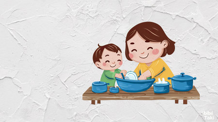 A woman and child washing dishes together in a blue sink, AIの素材