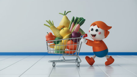 A cartoon character pushing a shopping cart full of vegetables, AIの素材