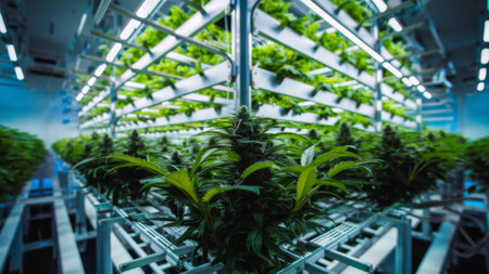 A large room with plants growing in it and a blue light, AIの素材