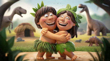 Two cartoon characters hugging each other in a field with dinosaurs, AIの素材