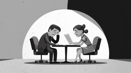 A cartoon illustration of a man and woman sitting at the table, AIの素材