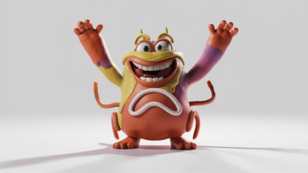 A cartoon character with a smile and arms raised in the air, AIの素材