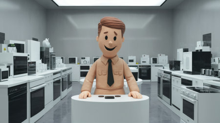 A man in a tie standing inside of an appliance store, AIの素材