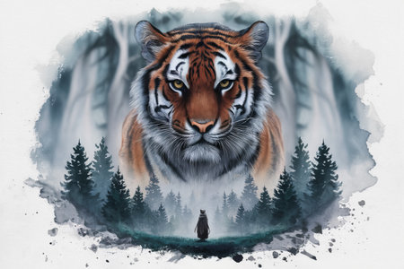 A tiger is shown in a painting with trees and water, AIの素材