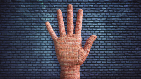 A large hand made of bricks is in front of a brick wall, AIの素材