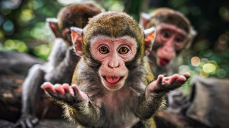 A group of three monkeys are standing up and making a gesture, AIの素材