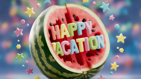 A watermelon with a happy vacation written on it, AIの素材