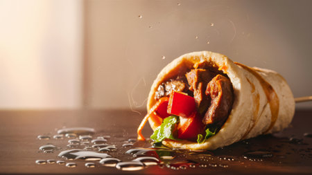 A burrito with meat and vegetables on a wooden table, AIの素材