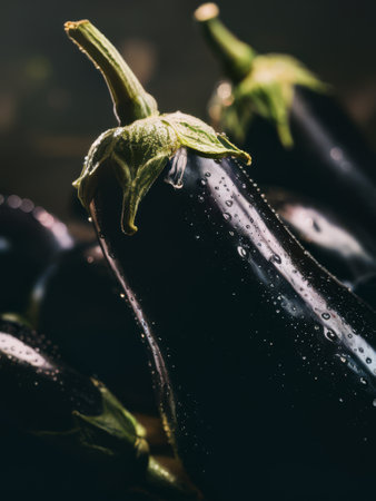 A close up of a bunch of eggplants with water droplets on them, AIの素材