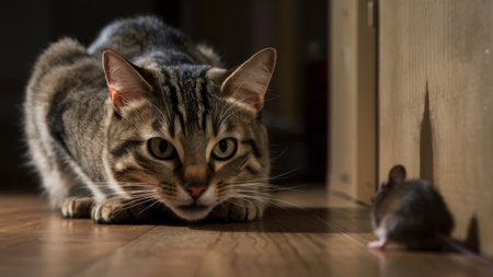 A cat and a mouse on the floor next to each other, AIの素材
