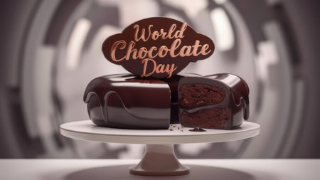 A chocolate cake with a slice of it on top and the words world choc day, AIの素材