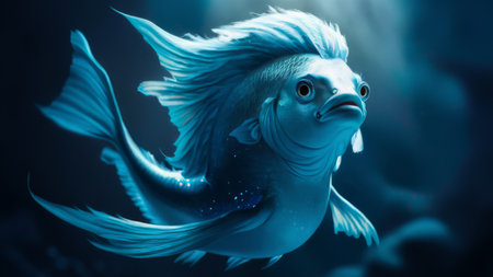 A blue fish with white hair swimming in the water, AIの素材