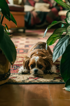 A small dog laying on the floor in front of a plant, AIの素材