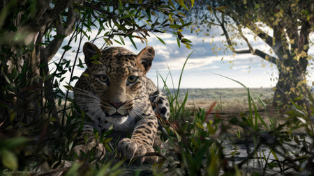 A leopard is hiding in the grass and trees near a river, AIの素材