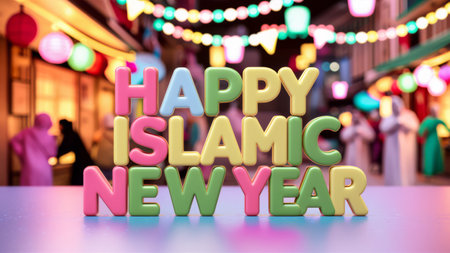 A colorful islamic new year greeting with a city backdrop, AIの素材