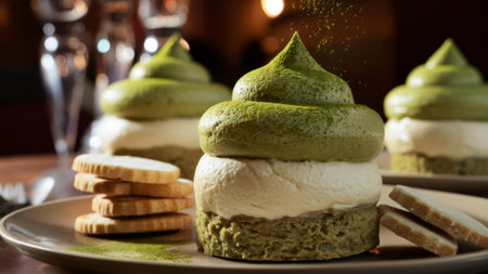 A plate topped with a green matcha tea dessert and cookies on it, AIの素材