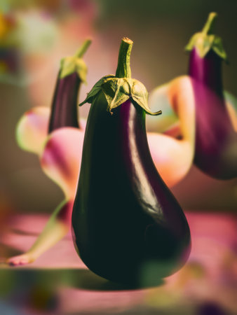 A close up of an eggplant with a woman in the background, AIの素材