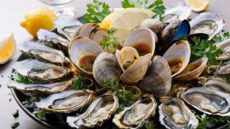 A plate of a black platter with oysters and lemon slices, AIの素材