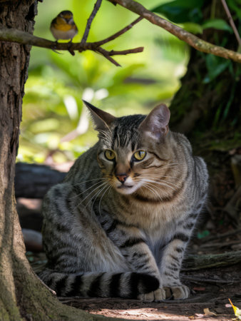A cat sitting in the shade of a tree next to some leaves, AIの素材