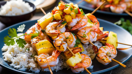 A plate of a blue dish with shrimp and pineapple skewers, AIの素材