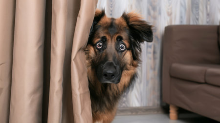 A dog peeking out from behind a curtain in the living room, AIの素材