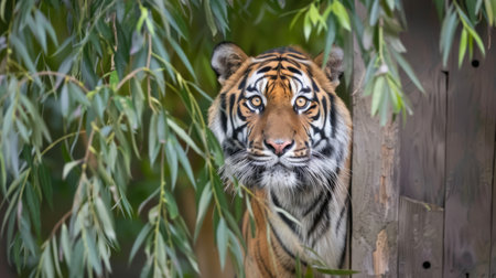 A tiger peeking out from behind a tree branch in the forest, AIの素材
