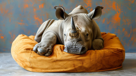 A rhino laying on a yellow pillow with its head resting, AIの素材