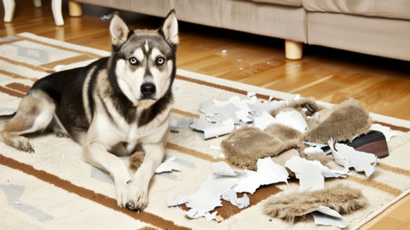 A husky dog laying on a rug with broken pieces of paper, AIの素材