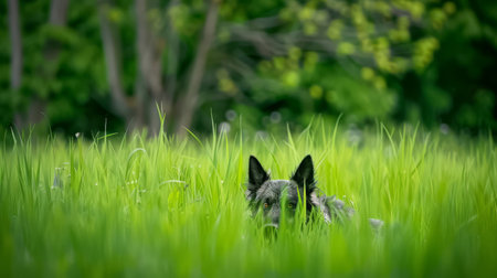 A dog is hiding in the tall grass of a field, AIの素材