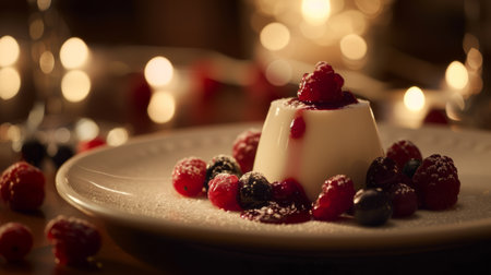 A white plate topped with a dessert and berries on it, AIの素材