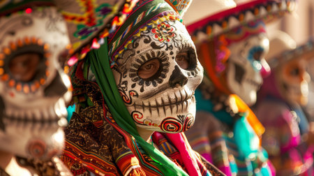 A group of people wearing colorful costumes with skulls on their faces, AIの素材