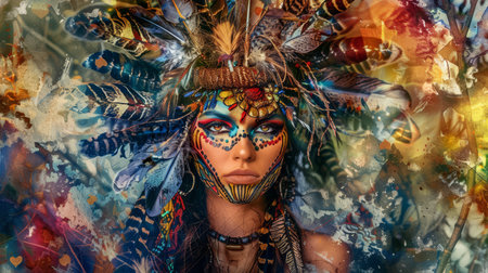 A woman with a painted face and feathers on her head, AIの素材