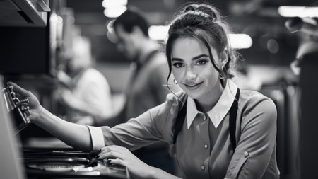 A woman in a restaurant cooking food with other people around, AIの素材