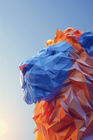 A low polygonal rendering of a lion with blue and orange colors, AIの素材
